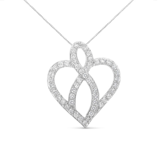 14KT White Gold 1 cttw Diamond Heart Ribbon Pendant Necklace (H-I,