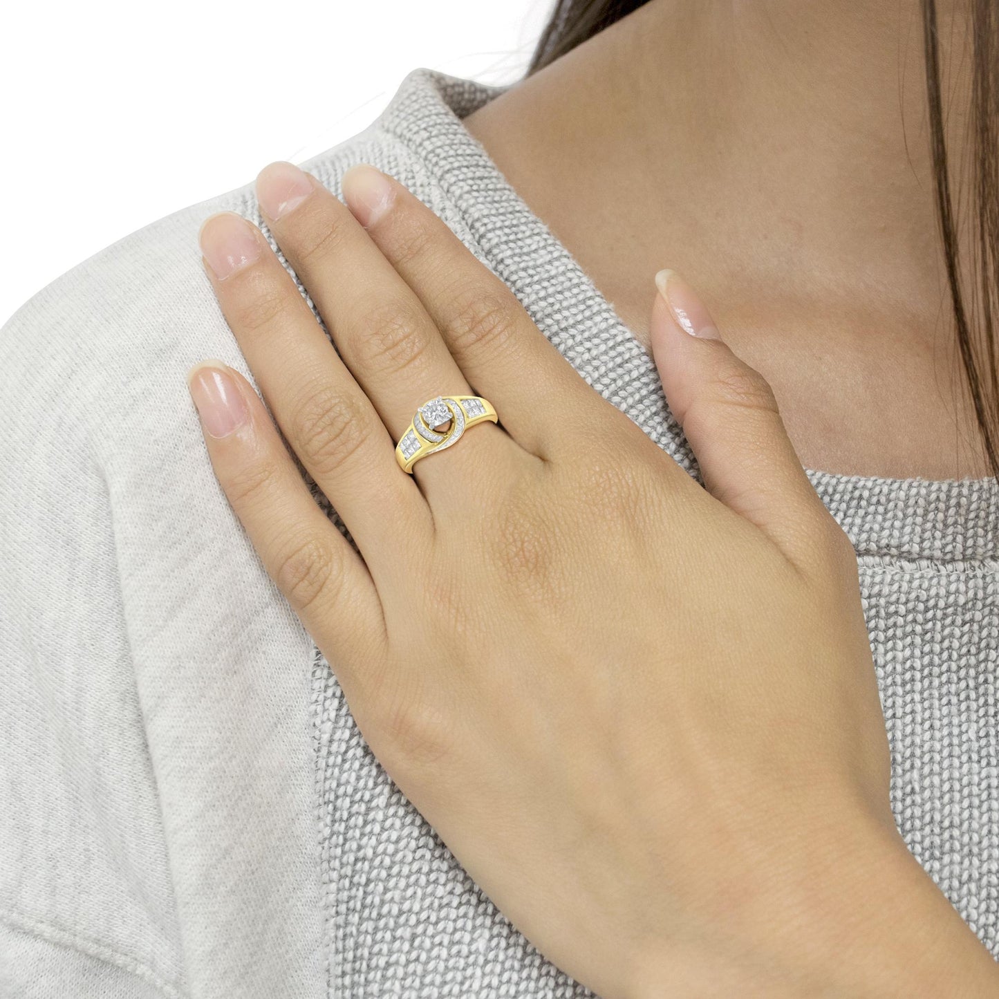 14K Two-Toned Gold Round, Baguette and Princess Cut Diamond Ring (1